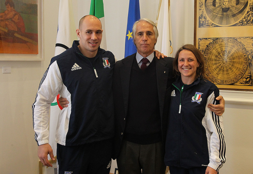 Malagò riceve i capitani delle Nazionali di rugby, Sergio Parisse e Silvia Gaudino