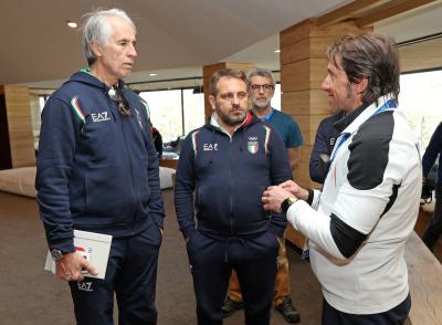 Sports Director Pisoni (Snowboard and Freestyle) and Technical Director Zoeggeler (luge) at Casa Italia 