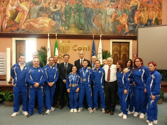 CONI: Malagò and Fabbricini greets the weightlifting national team after the European Championships in Tel Aviv